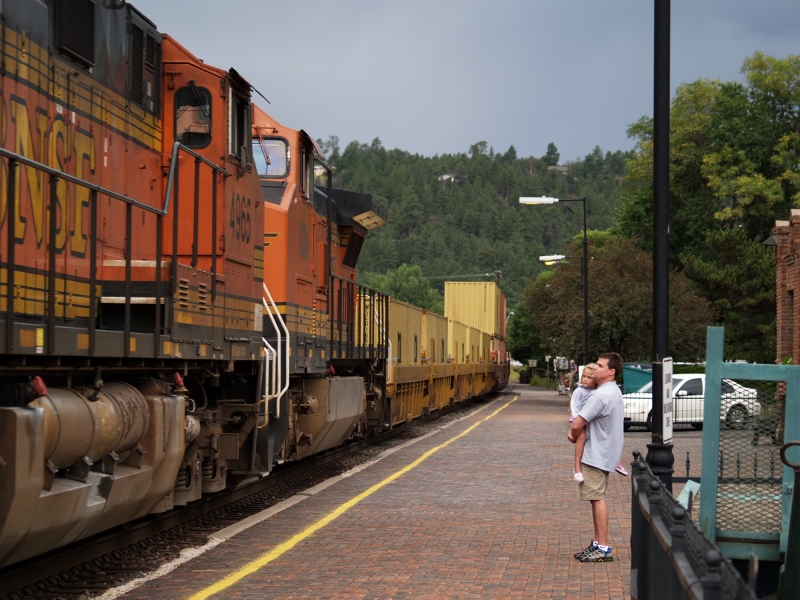 father and daughter train watching